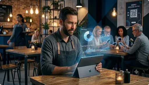 Restaurant customer using a phone ordering app beside a QR code menu