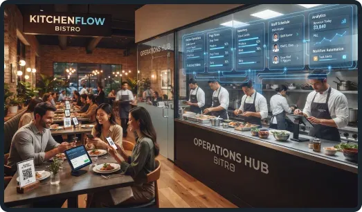 Restaurant customer-facing ordering connected with kitchen and operations hub dashboards