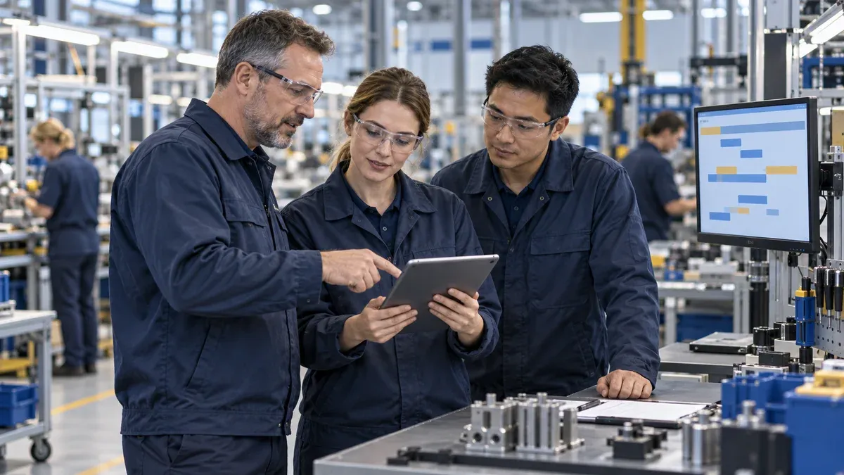 Manufacturing colleagues reviewing work orders together on a tablet