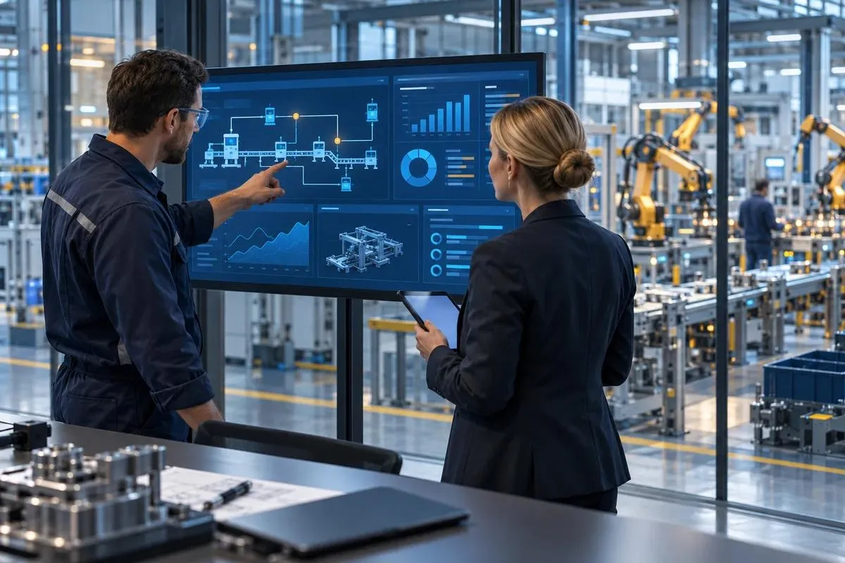 Manufacturing Software Development Cost: Features, Integrations and Budget Plant engineers reviewing manufacturing software workflows and production planning