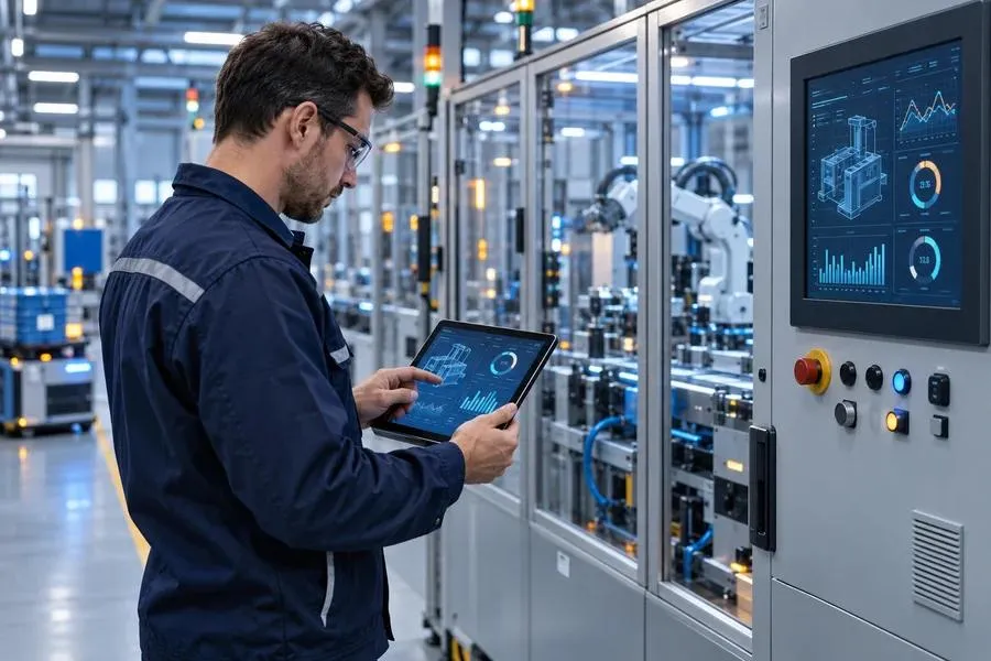 Engineer reviewing machine telemetry on a tablet beside factory equipment