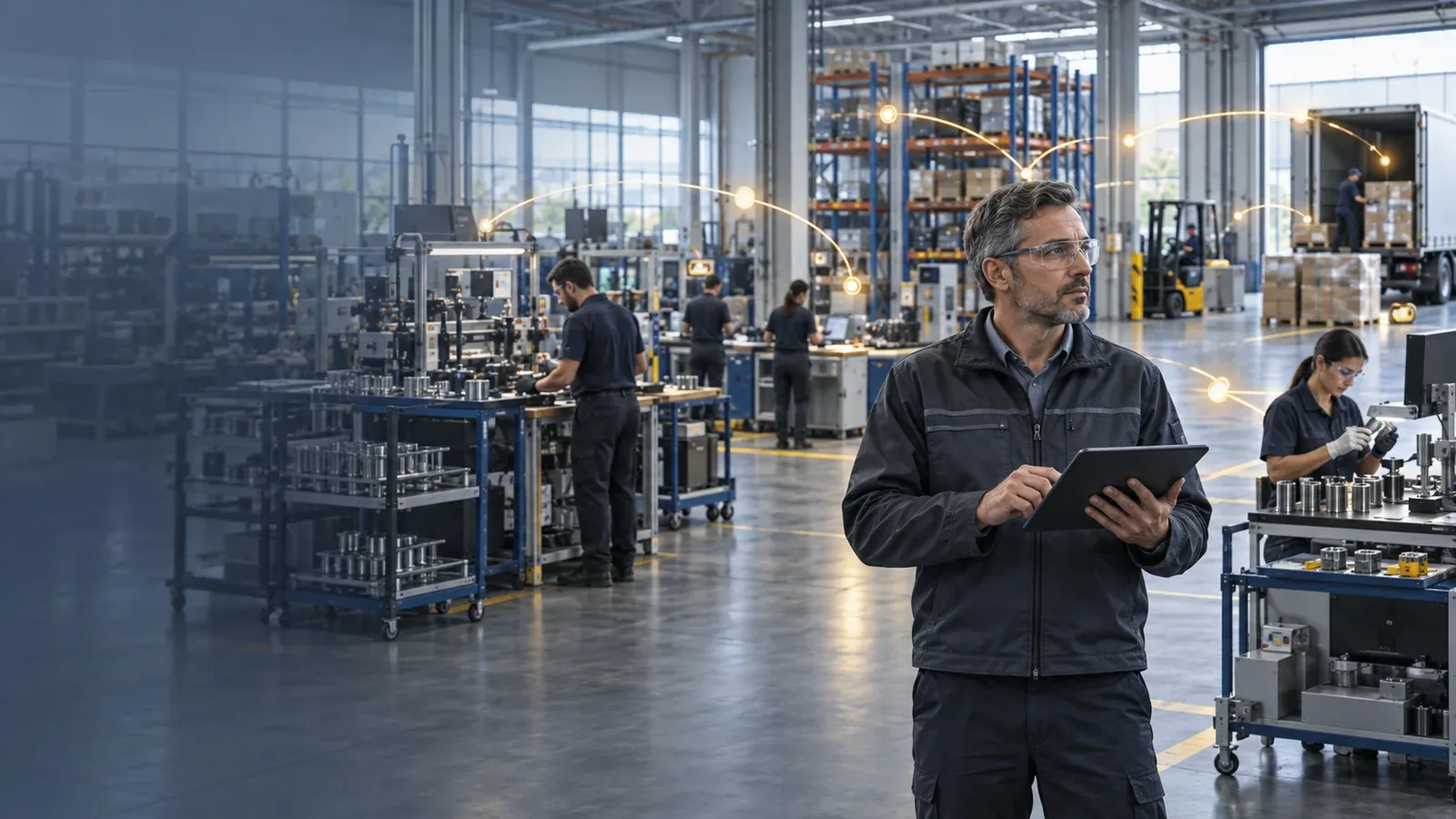 Factory supervisor coordinating connected workflows | Production, quality control and dispatch