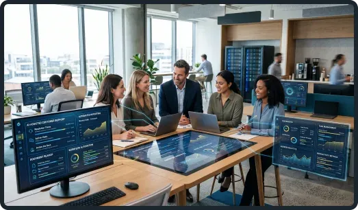 Small business team reviewing practical AI workflow opportunities