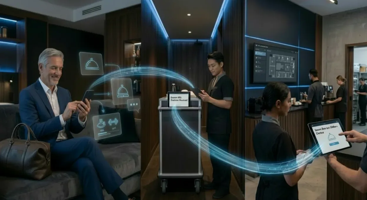 Hotel staff receiving structured guest service requests through connected workflow systems