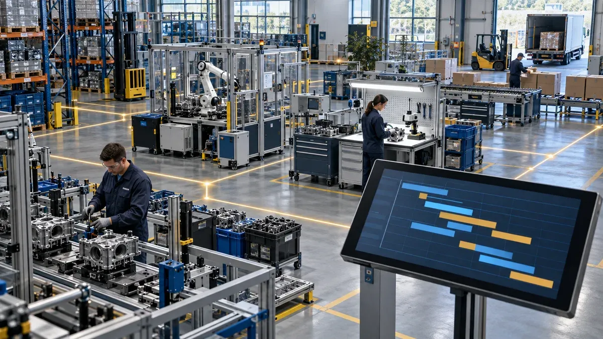 Production scheduling screen overlooking connected factory workstations