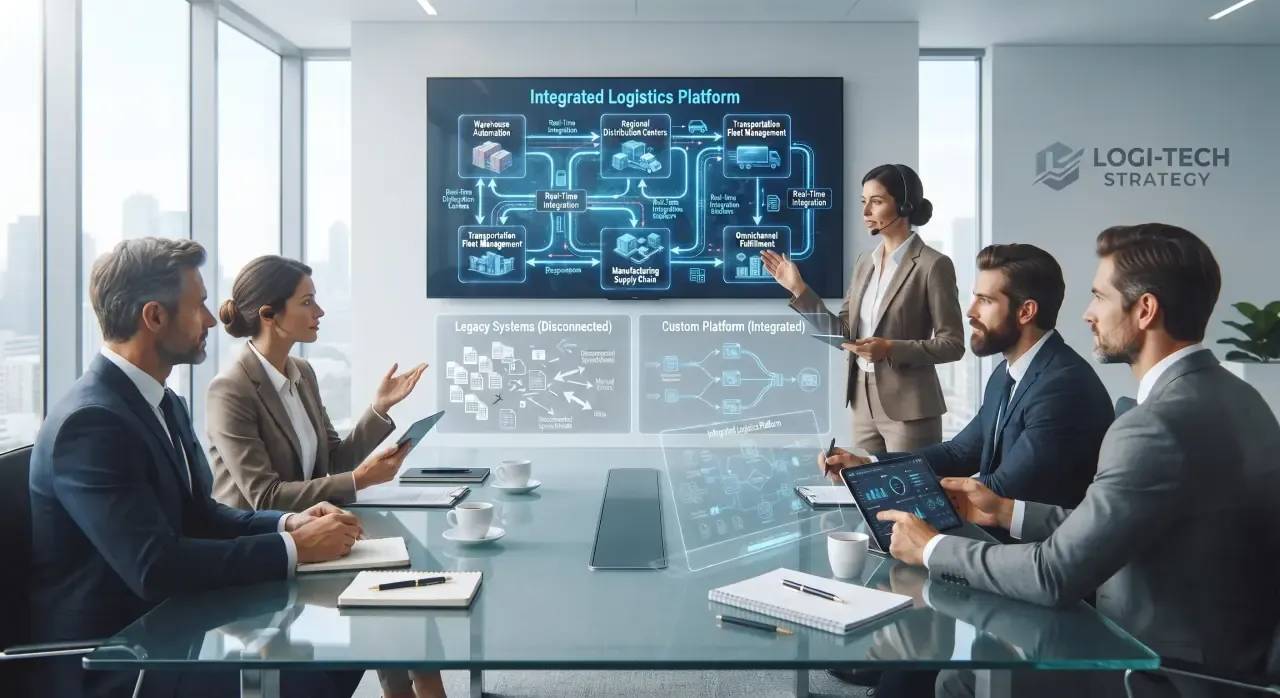Logistics strategy team comparing disconnected legacy systems with an integrated custom platform