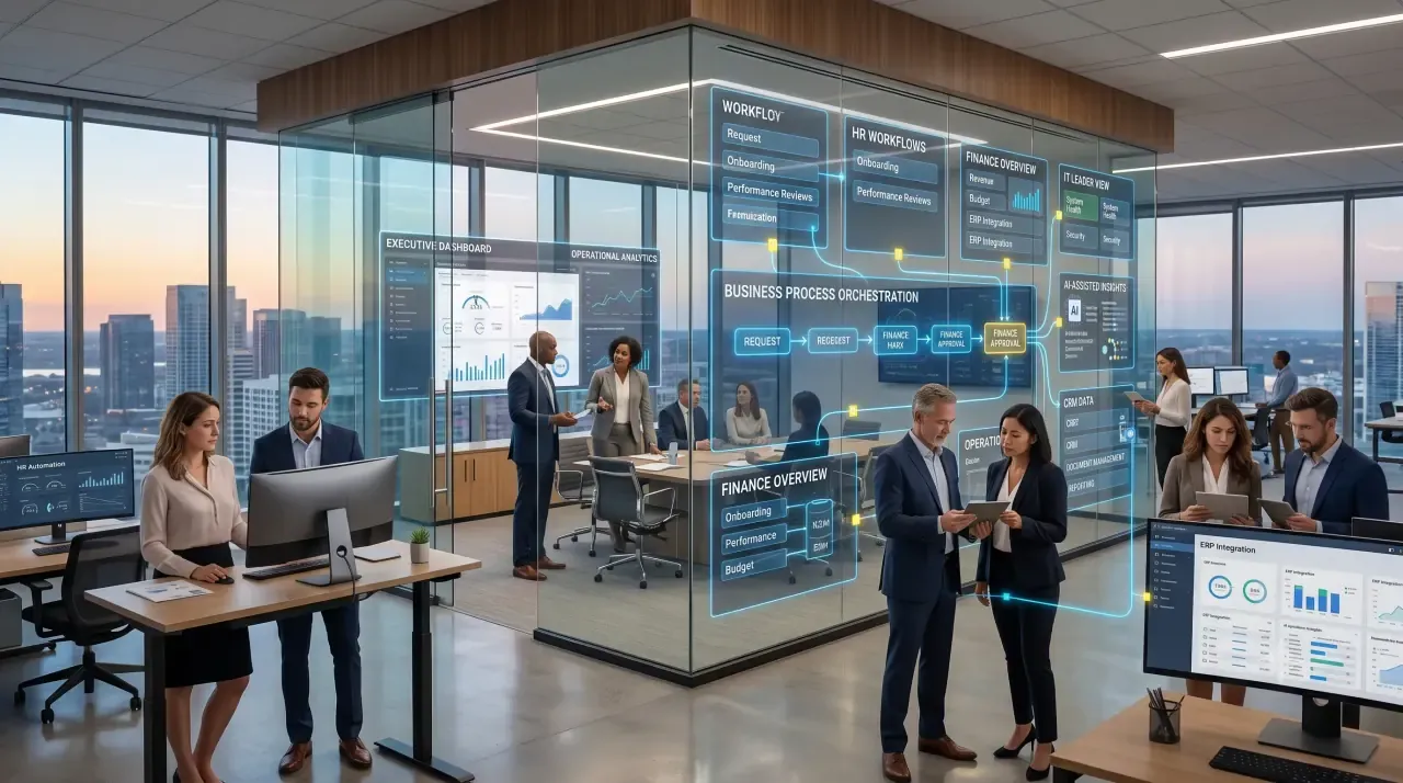 Business team reviewing workflow automation dashboards across finance, HR, CRM, and ERP systems