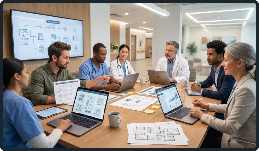 Healthcare team planning a patient portal rollout with workflow diagrams and dashboards